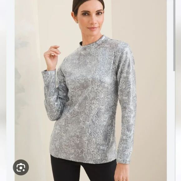 Chico's Women's Python Sequin Mock Neck Top Long Sleeve Silver Size 2/Large - Picture 1 of 7